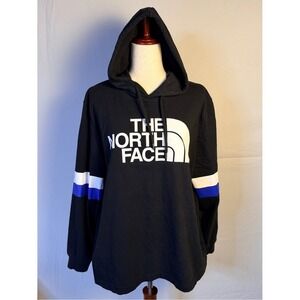 The North Face Black Hoodie Sweatshirt with White Logo and Blue Accents, active